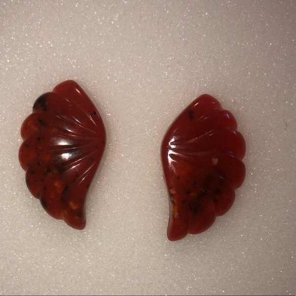 VTG Carved Carnelian Style Bakelite Fan Stud Earrings 2” - Picture 2 of 6